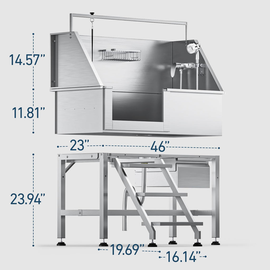 46" Stainless Steel Dog Washing Station with Removable Left Ramp & Storage Drawer G9452