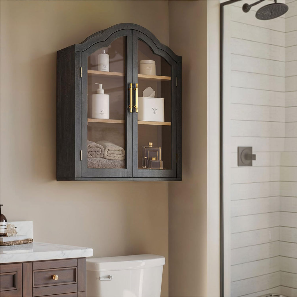 Black 31.5×23.6 Inch Wall Mounted Cabinet with Tempered Glass Doors V255158
