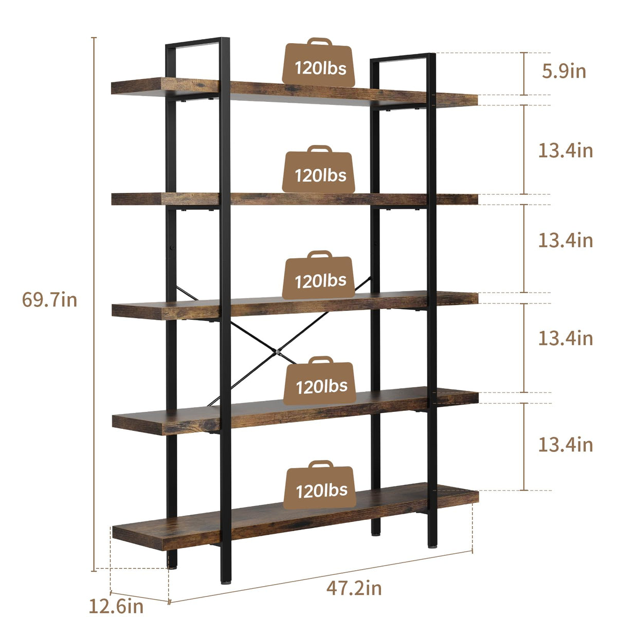 5 Tier Rustic Open Bookshelf C10724
