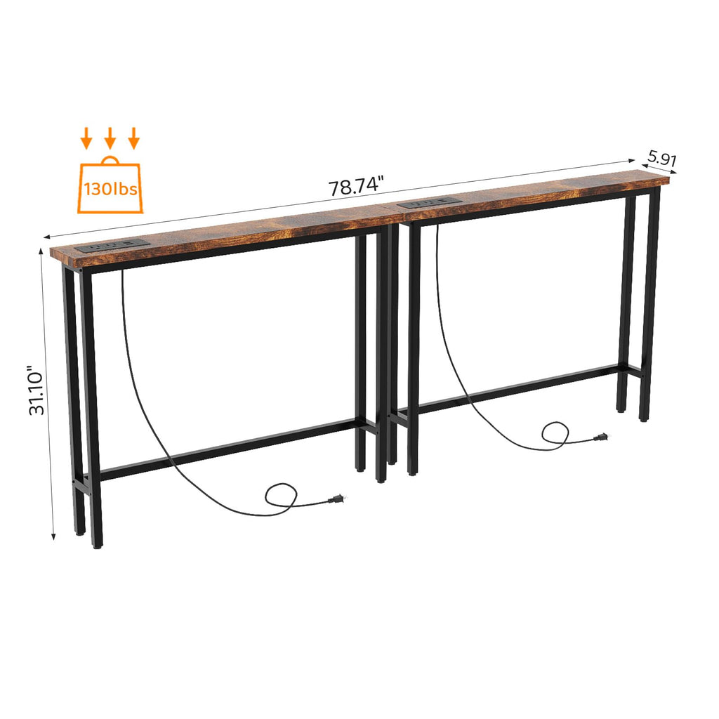 Rustic Brown Narrow Console Table with Power Outlet 2 Pack S577