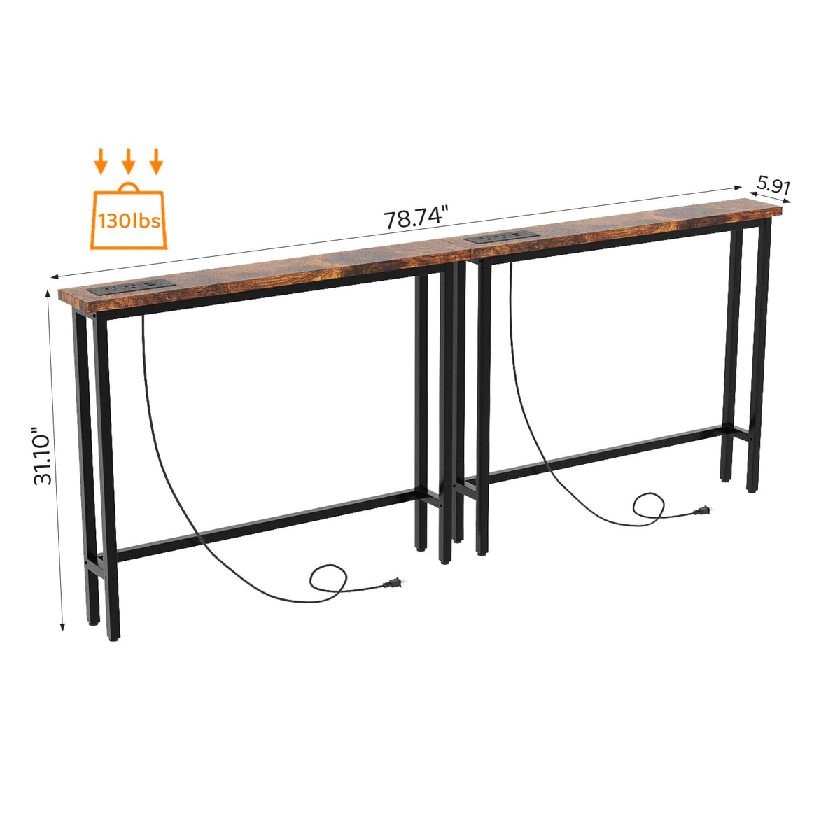 Rustic Brown Narrow Console Table with Power Outlet 2 Pack S577