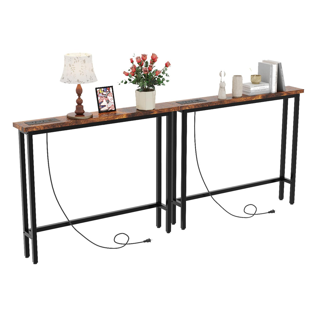 Rustic Brown Narrow Console Table with Power Outlet 2 Pack S577