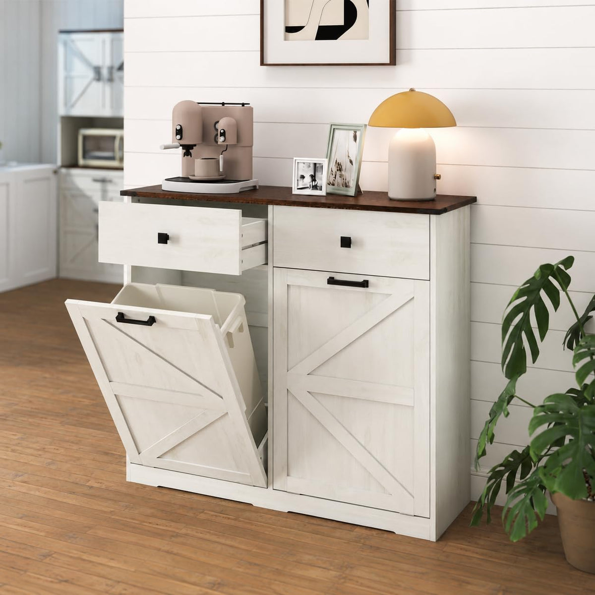 White Double 10 Gallon Tilt Out Trash Can Cabinet B991535
