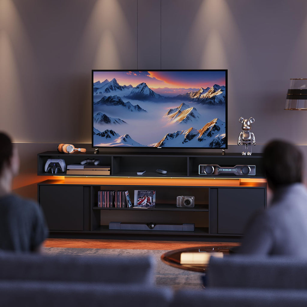 Black 2 Tier TV Stand with RGB LED Lights and Storage Cabinets V4253