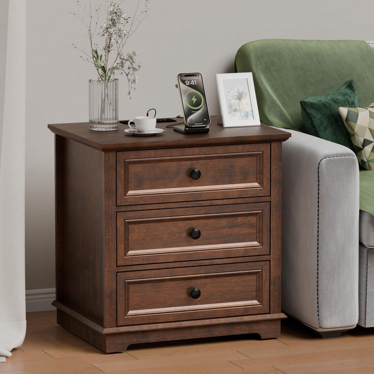 Cherry 3 Drawer Wood Nightstand with Charging Station Y665