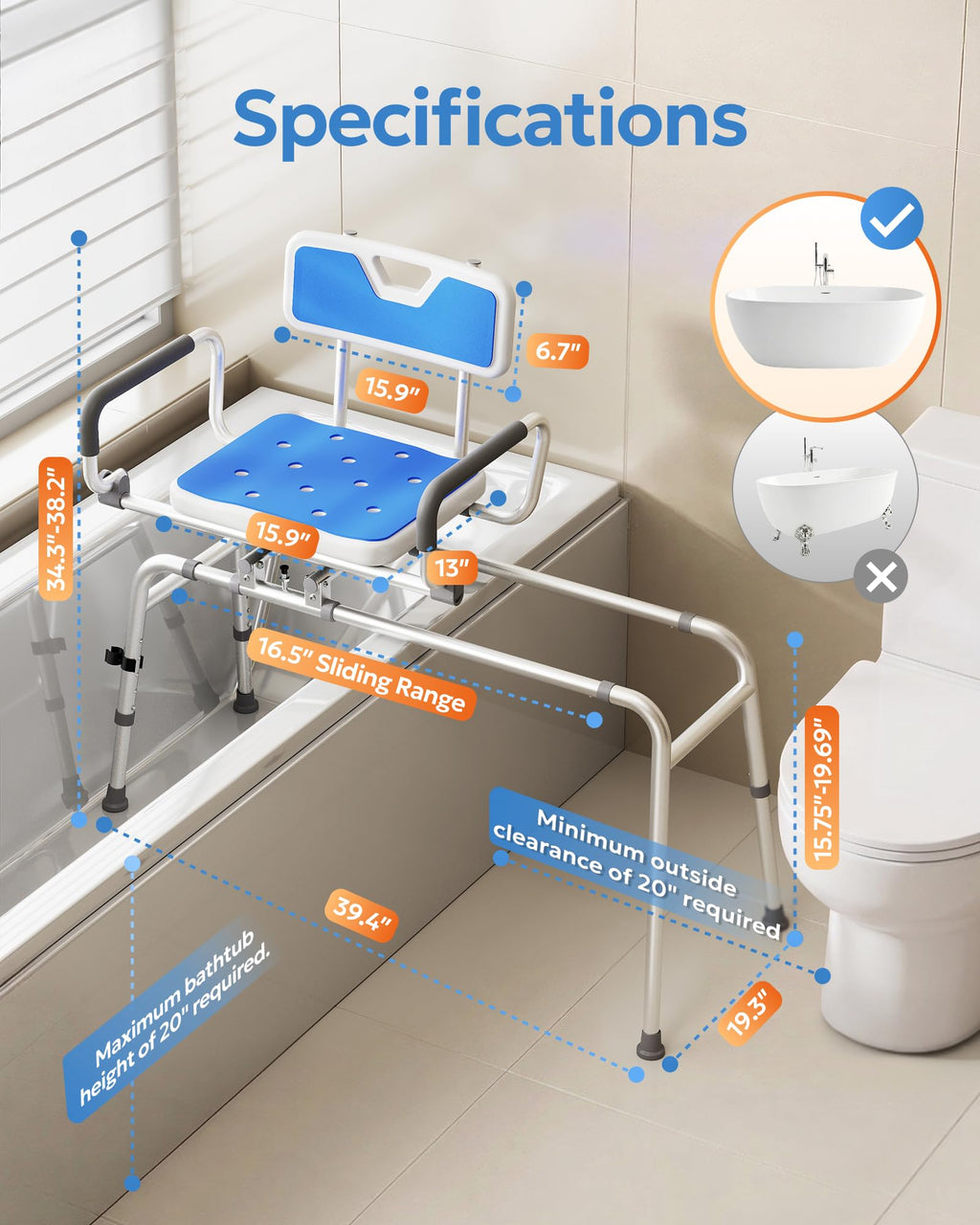 Sliding Shower Chair with 360° Swivel Seat B265