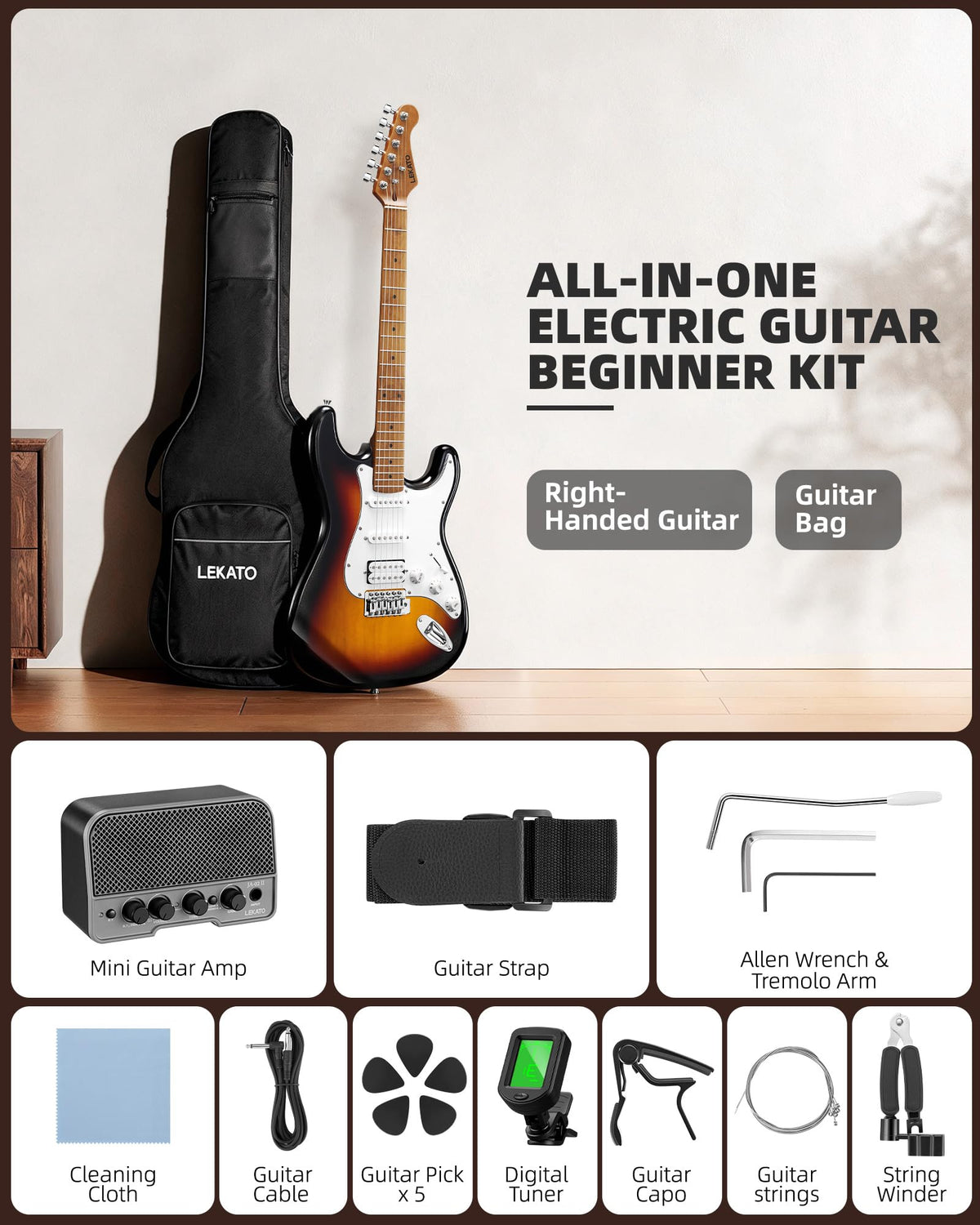 39 Inch HSS Electric Guitar Kit with 5W Mini Amp and Bag N289