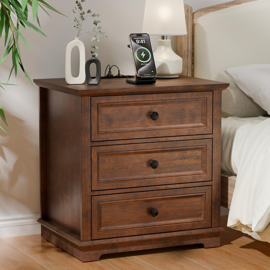 Cherry 3 Drawer Wood Nightstand with Charging Station Y665