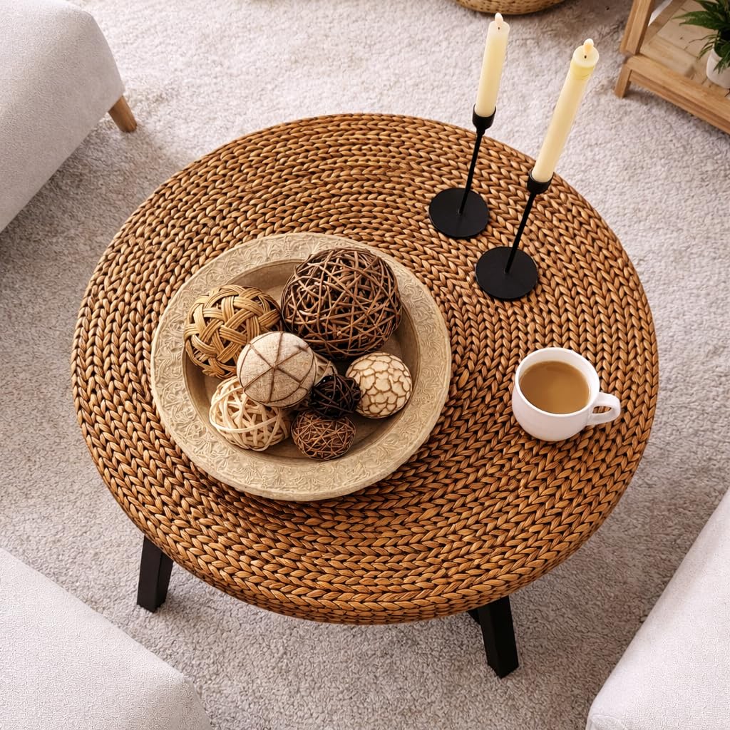 32 Inch Round Handwoven Seagrass Coffee Table with Pine Wood X Base D188949
