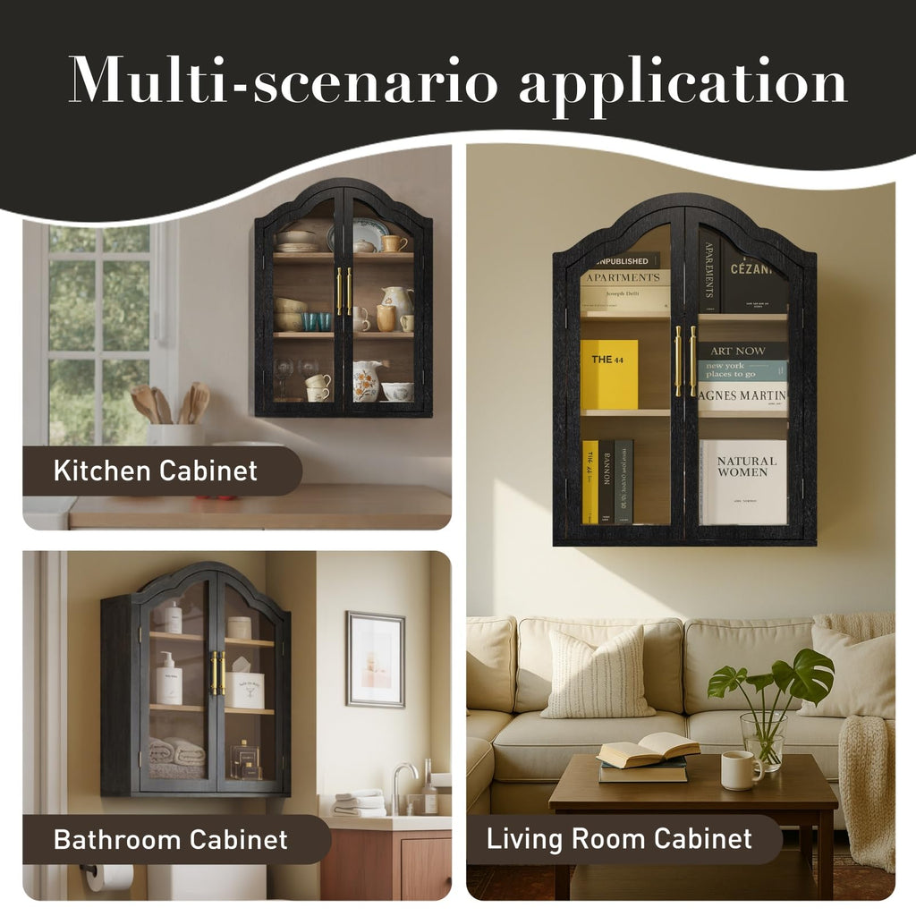 Black 31.5×23.6 Inch Wall Mounted Cabinet with Tempered Glass Doors V255158