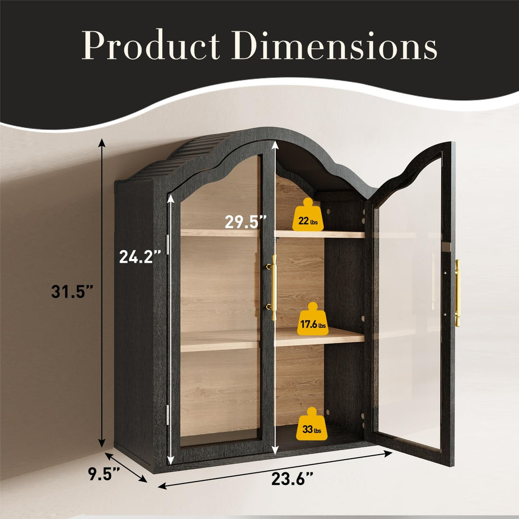 Black 31.5×23.6 Inch Wall Mounted Cabinet with Tempered Glass Doors V255158
