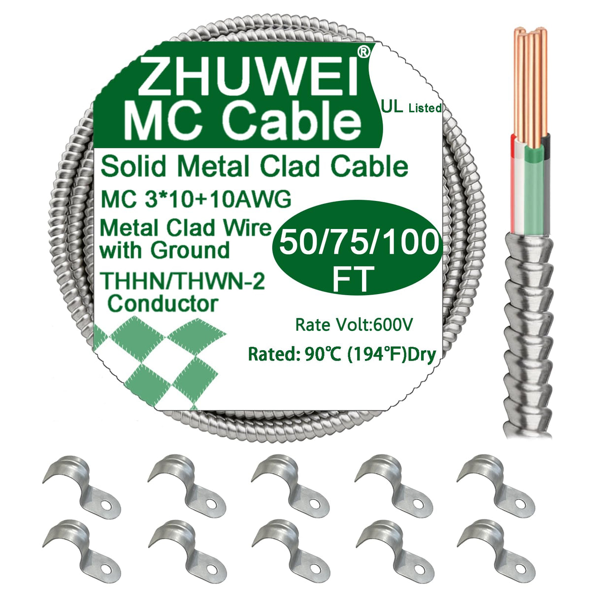 10 AWG Metal Clad Cable with Ground 50FT J56819