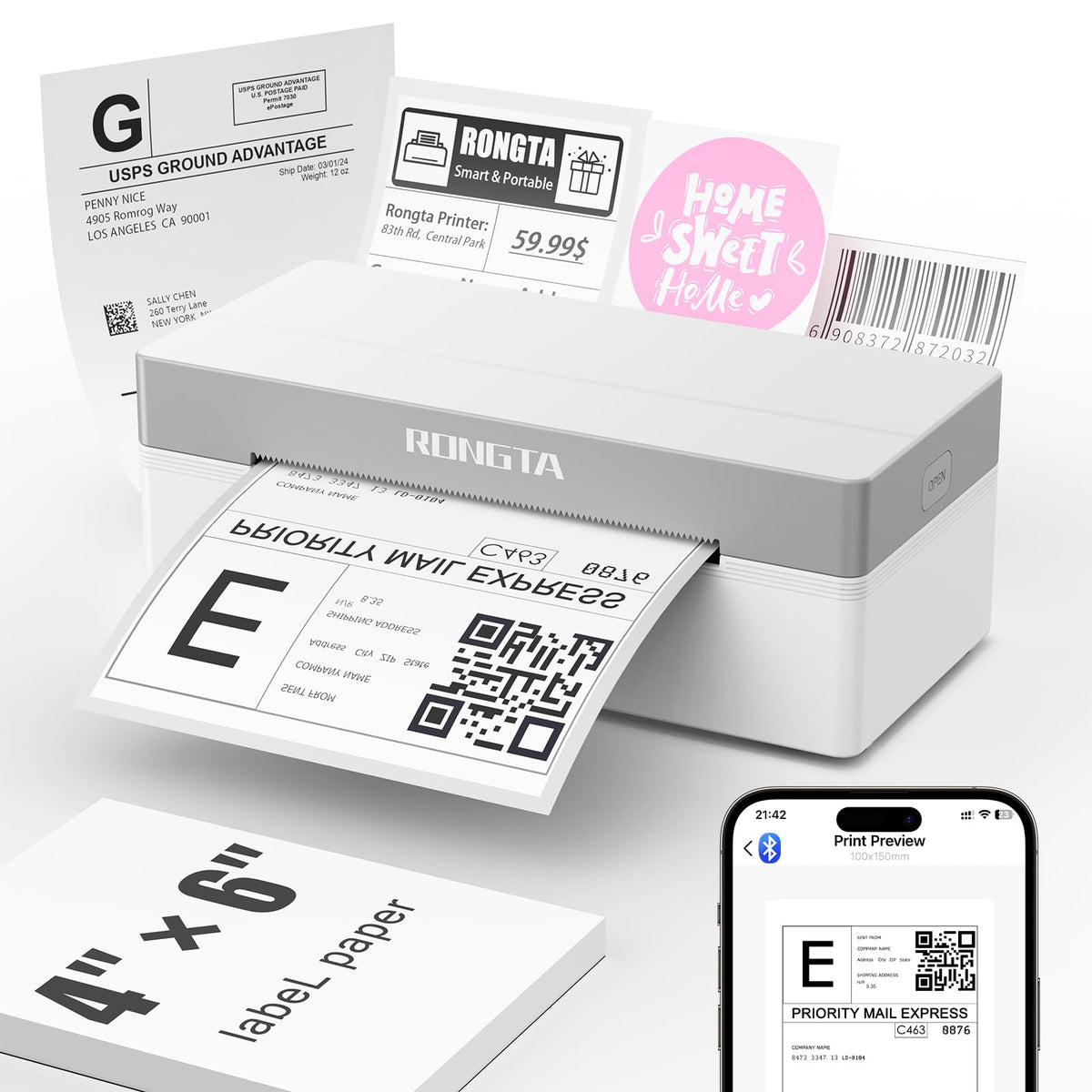 White Bluetooth 4x6 Thermal Label Printer G8964