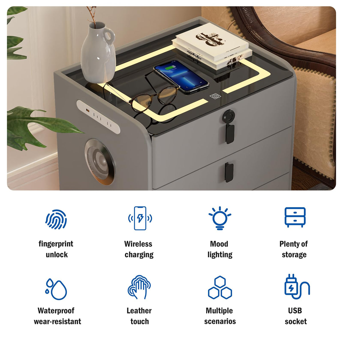 Wireless Charging Fingerprint Lock Nightstand T485969
