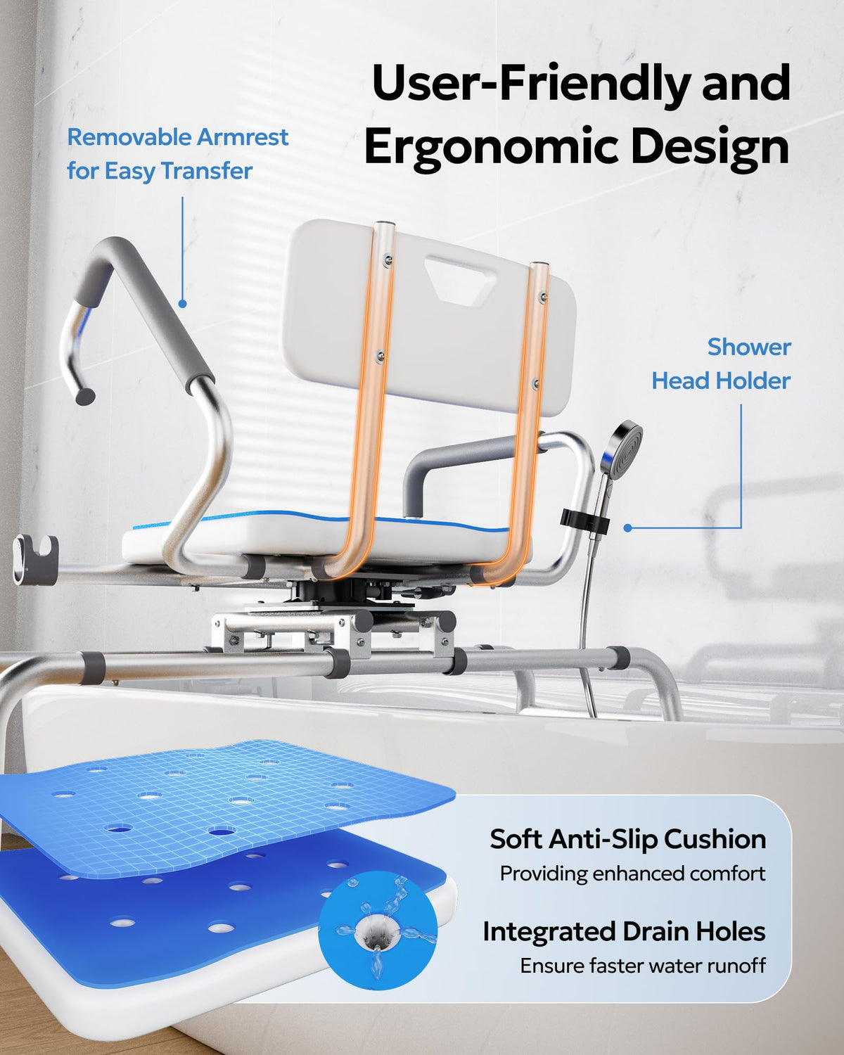Sliding Shower Chair with 360° Swivel Seat B265