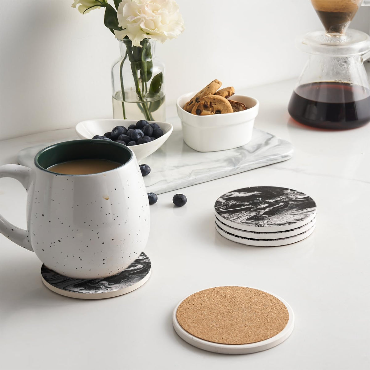 Black Marble Style Ceramic Coasters Set of 6 with Holder S5278