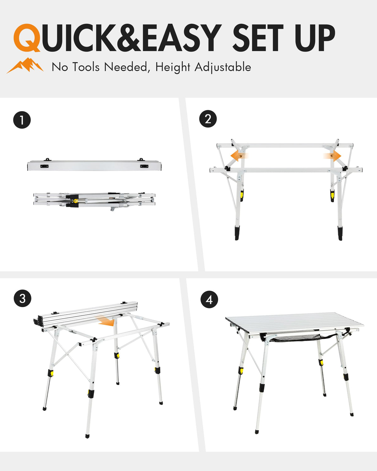 Folding Portable Camping Table with Adjustable Height Aluminum Roll Up Top F13469