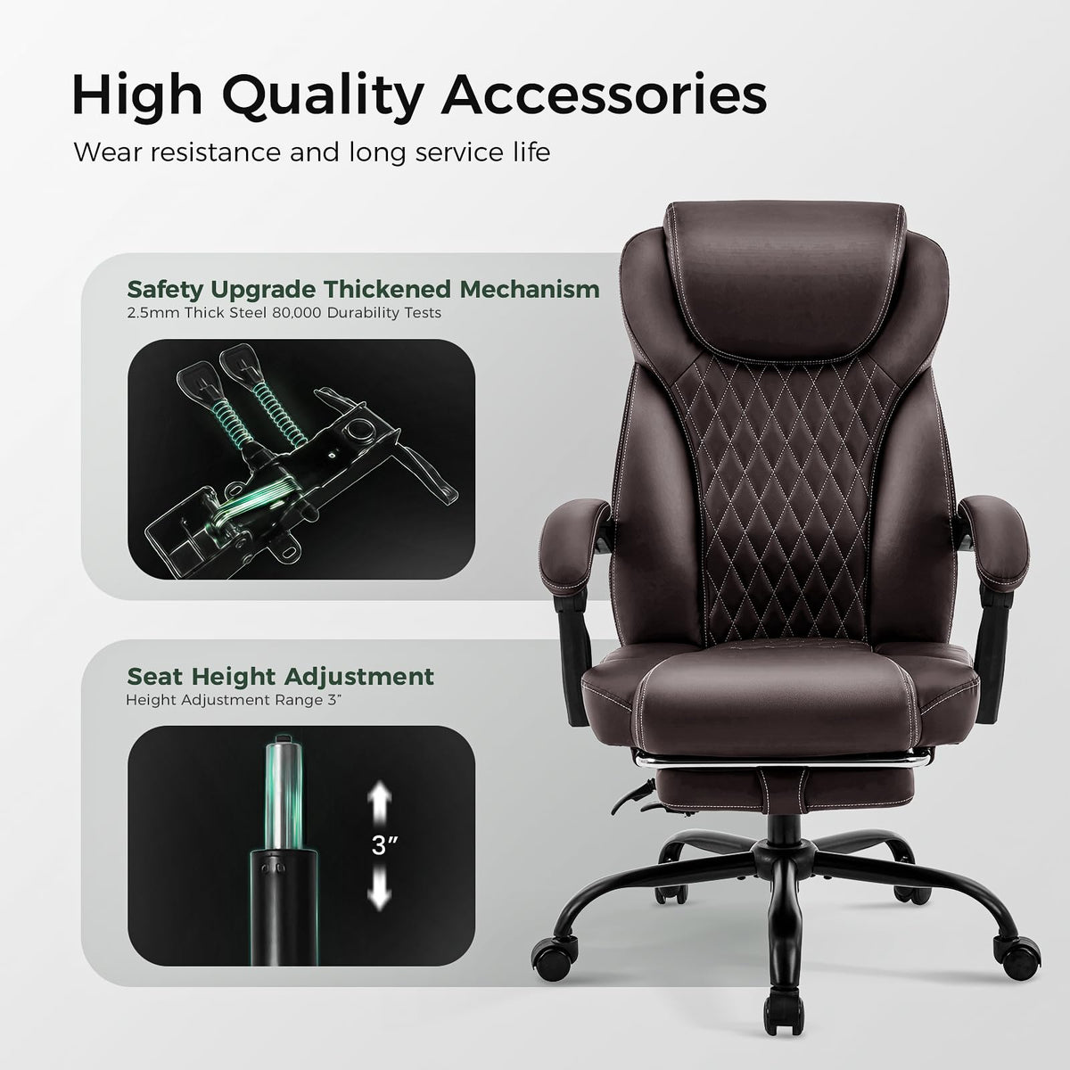 Big and Tall Office Chair with Footrest, Lumbar Support, Brown R444297