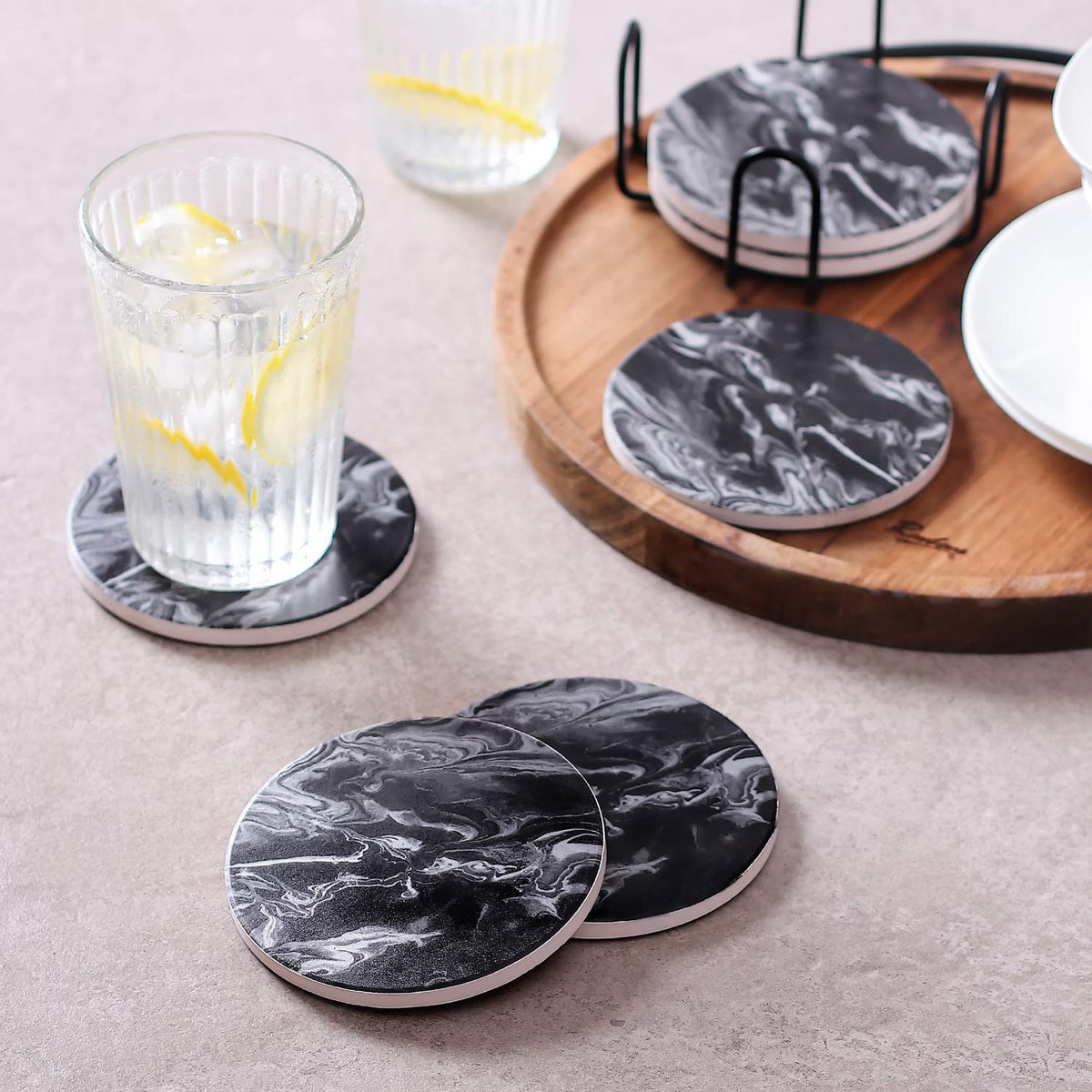 Black Marble Style Ceramic Coasters Set of 6 with Holder S5278