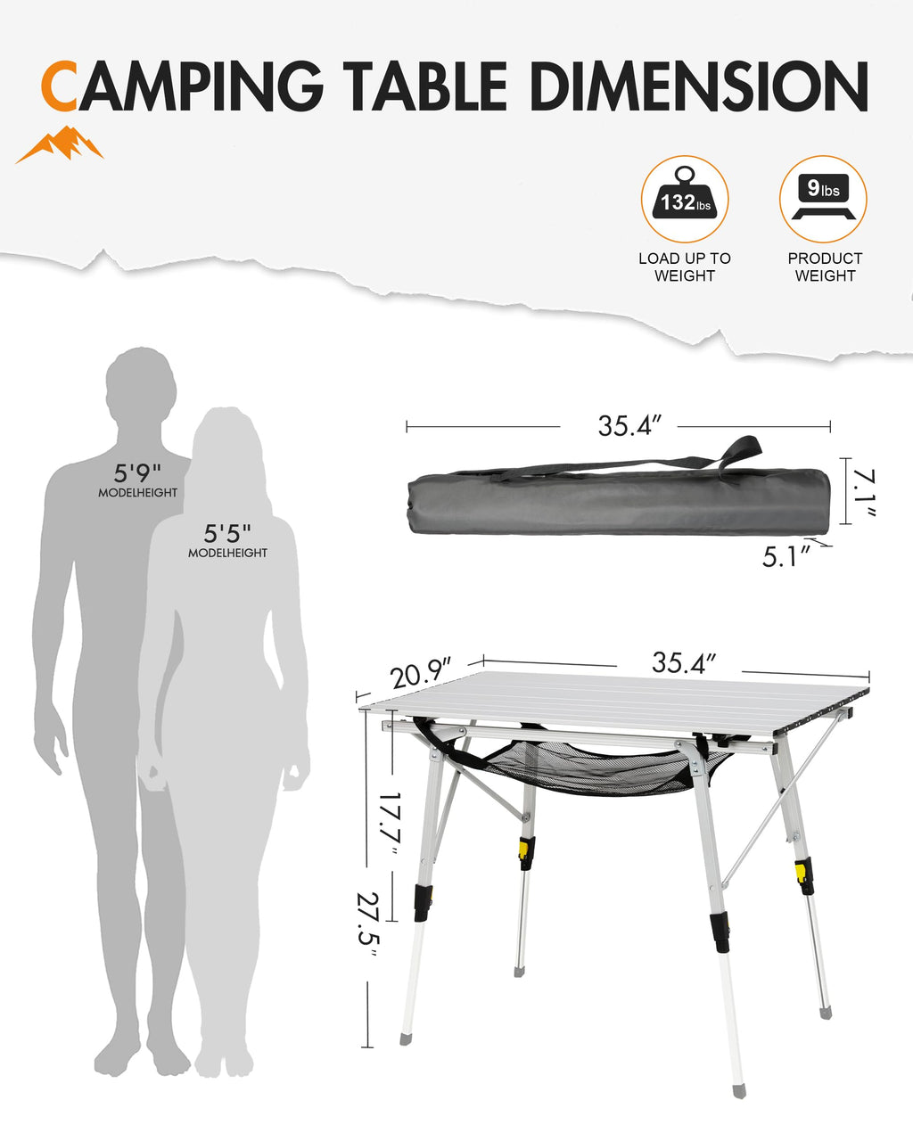 Folding Portable Camping Table with Adjustable Height Aluminum Roll Up Top F13469