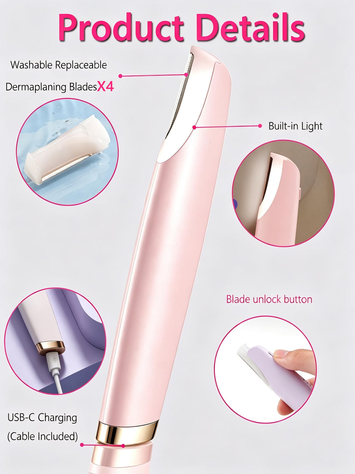 Pink Dermaplane Razor with LED Light and 4 Replacement Blades R7281