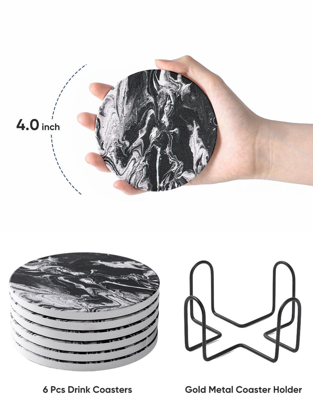 Black Marble Style Ceramic Coasters Set of 6 with Holder S5278