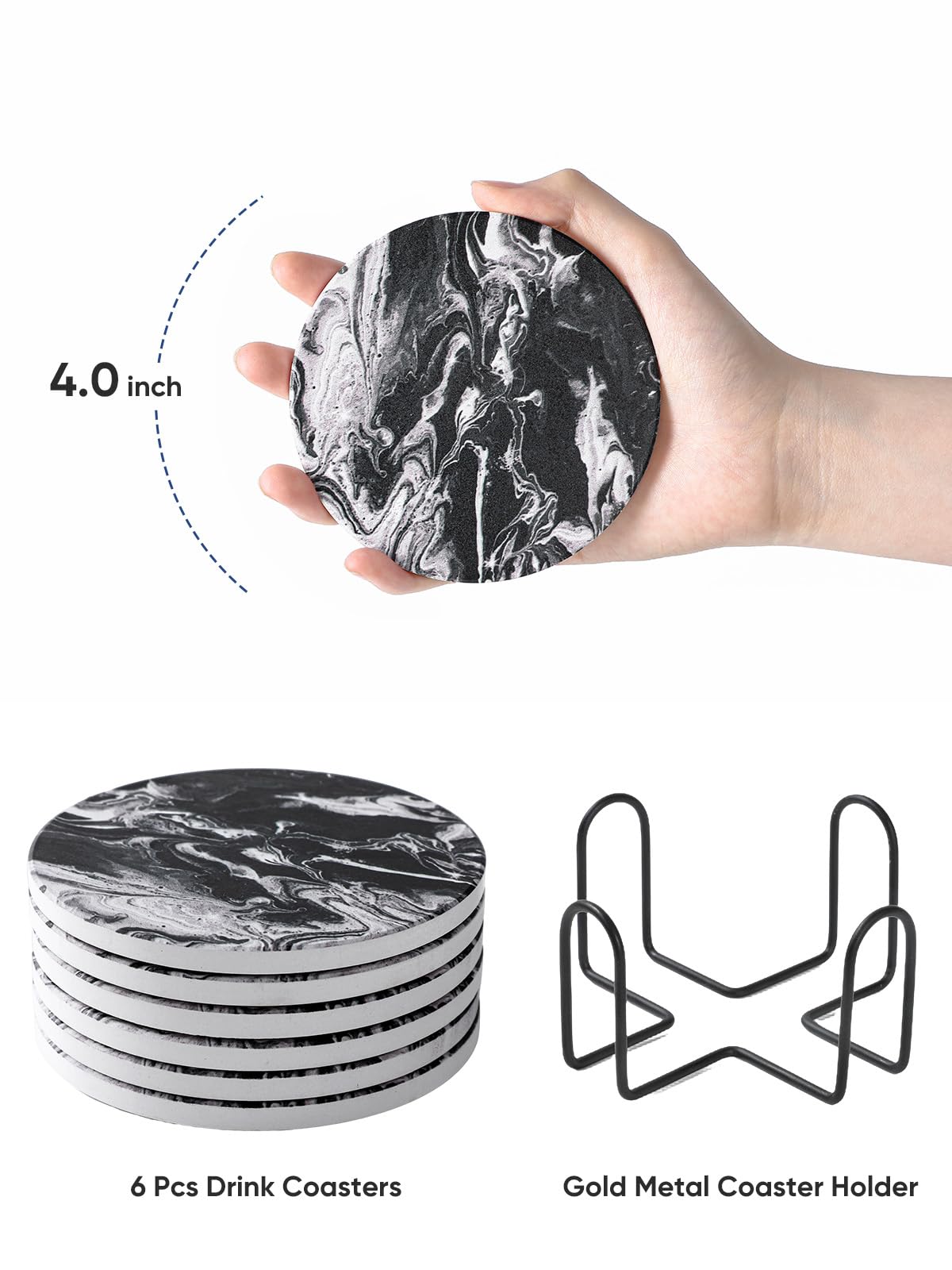 Black Marble Style Ceramic Coasters Set of 6 with Holder S5278