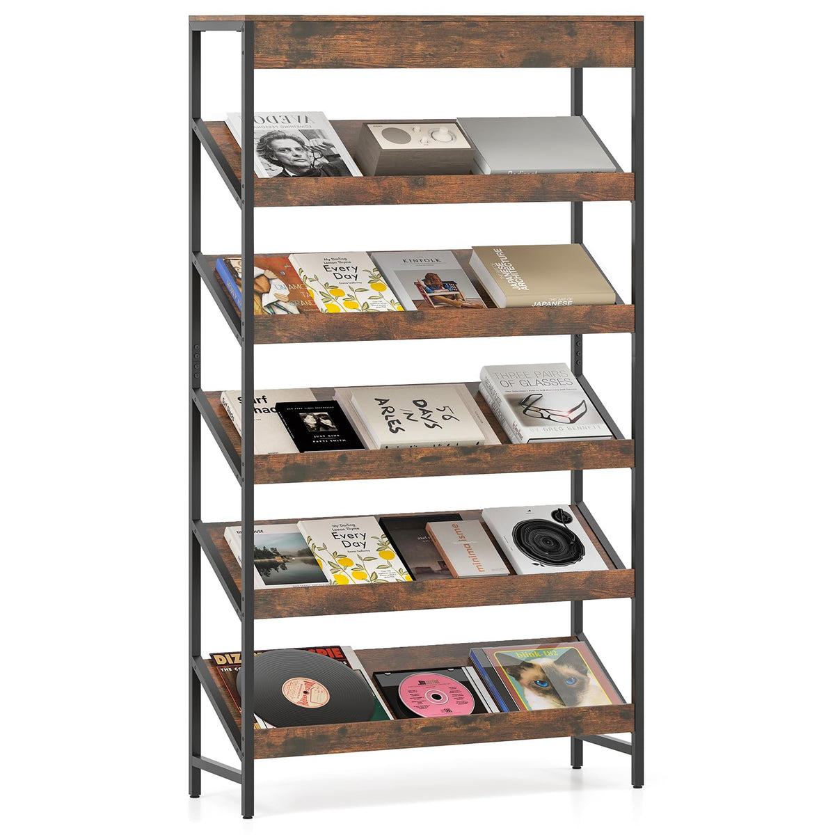 6-Tier Tall Freestanding Bookshelf with Angled Shelves H200