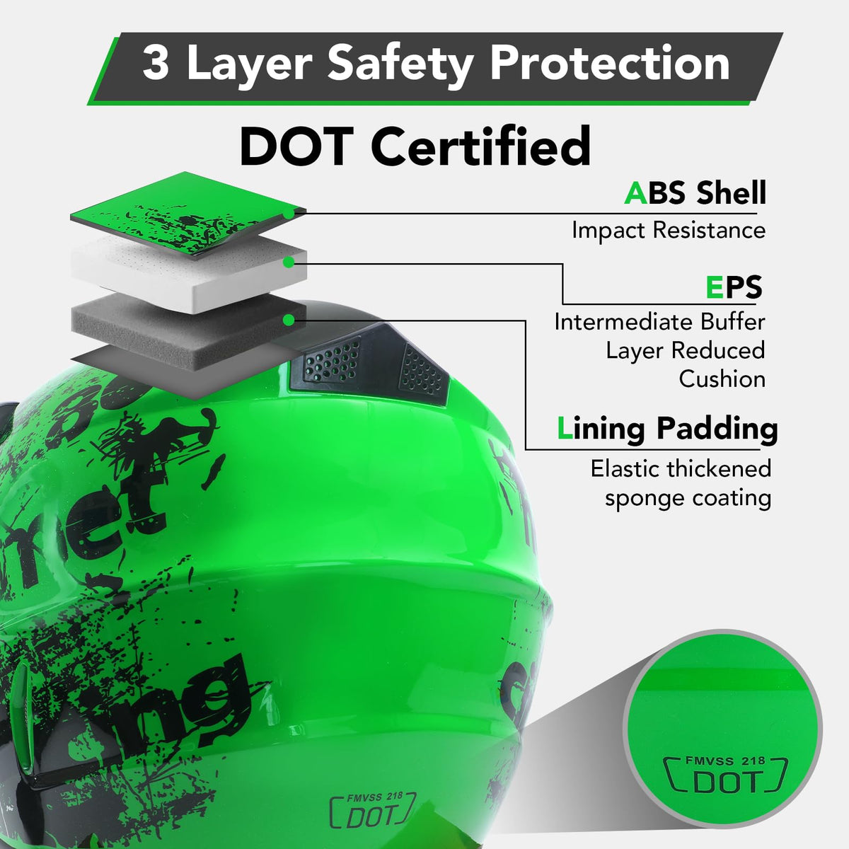 Youth Kids Full Face Dirt Bike Helmet 4Pcs Set DOT Approved Green XL B1739