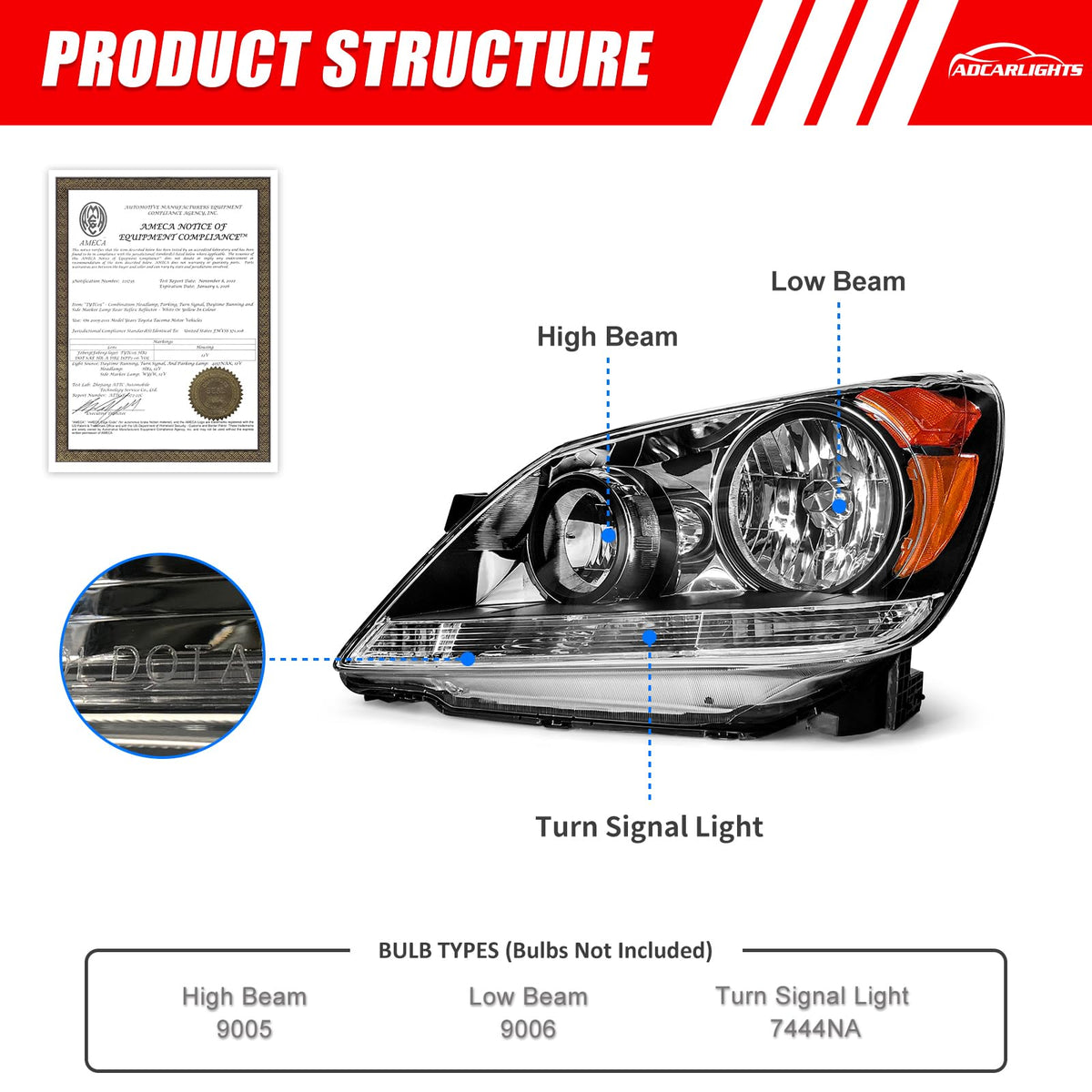 Black Housing Amber Reflector Headlight Assembly Pair G3986