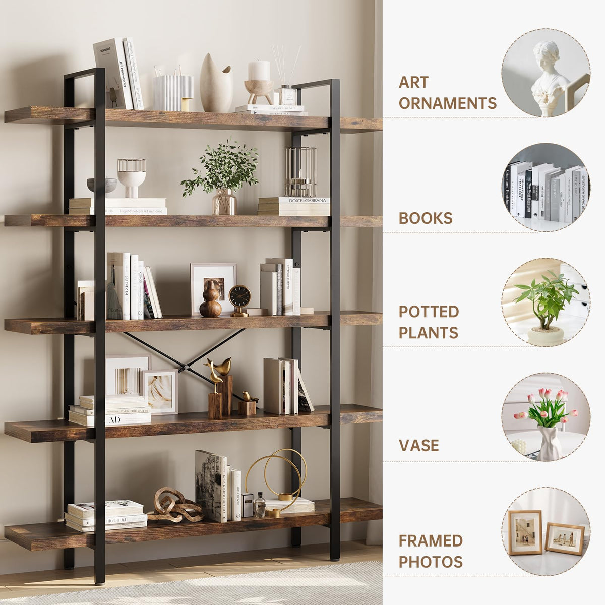 5 Tier Rustic Open Bookshelf C10724