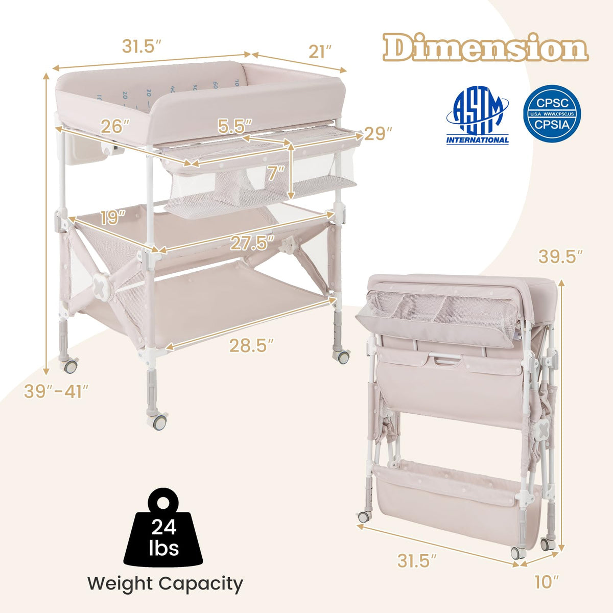 Portable Foldable Baby Changing Table with Wheels O35654