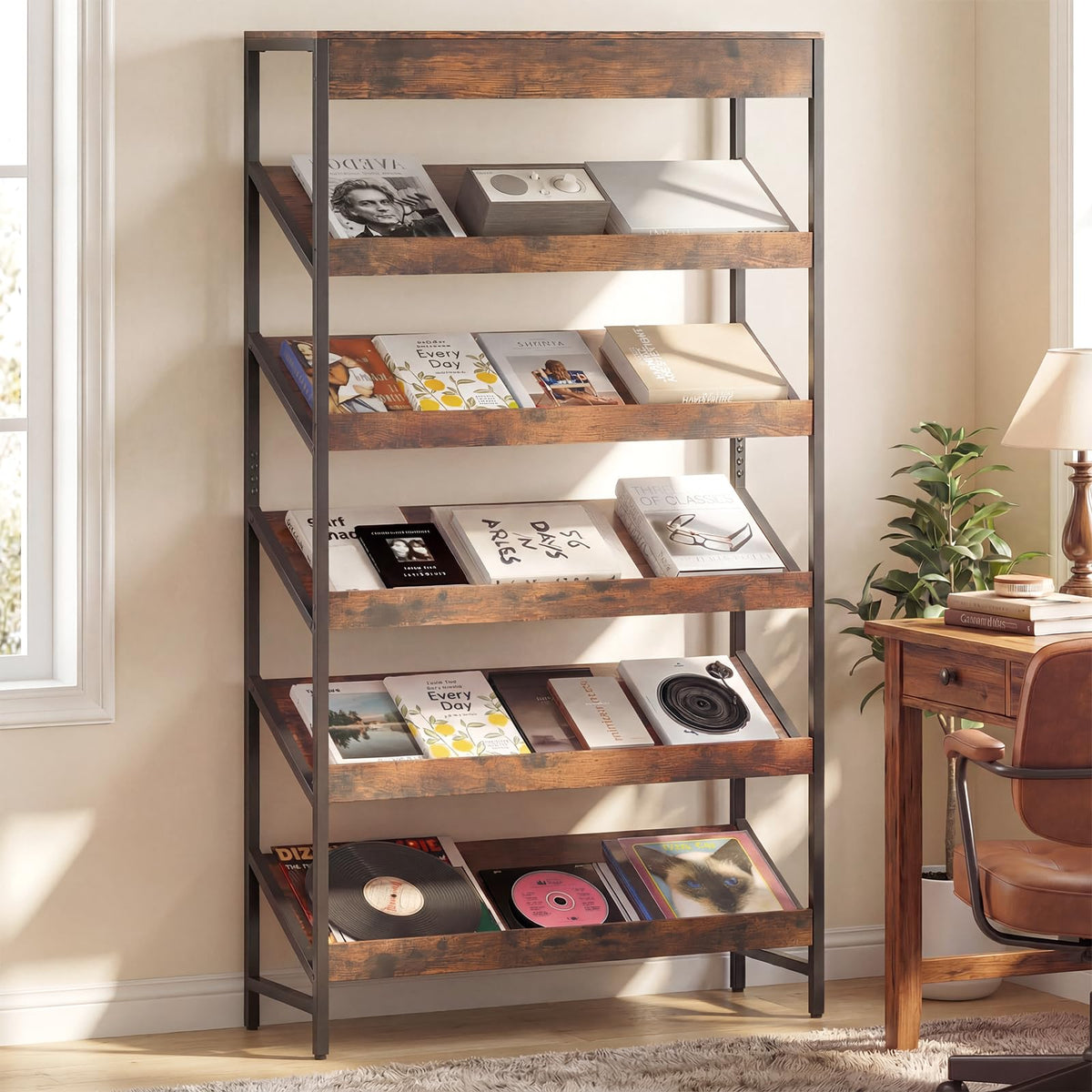 6-Tier Tall Freestanding Bookshelf with Angled Shelves H200