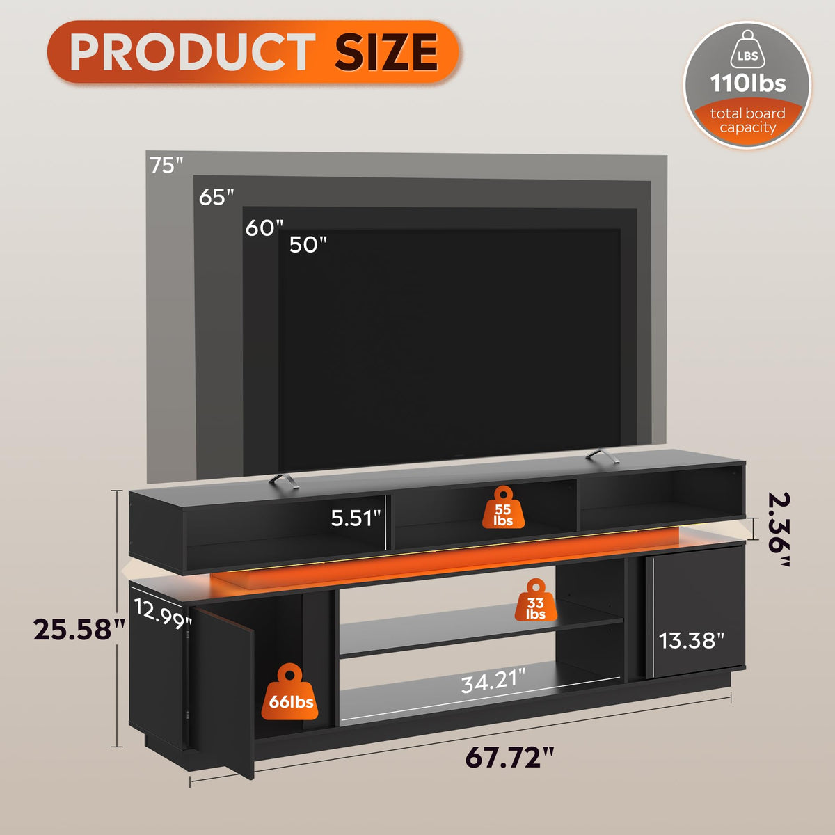 Black 2 Tier TV Stand with RGB LED Lights and Storage Cabinets V4253