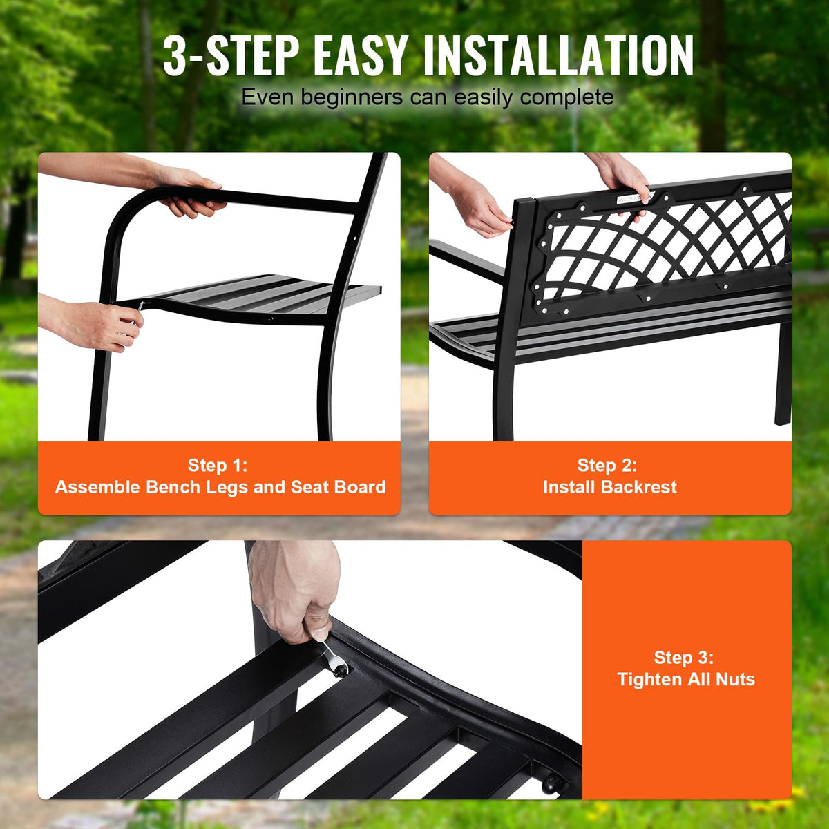 46" Iron Steel Frame Garden Bench with Mesh Pattern and Plastic Backrest E88833