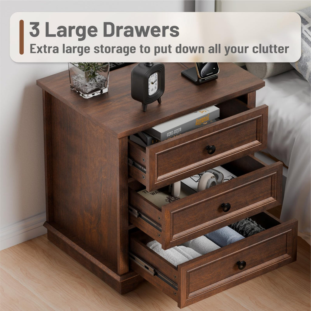 Cherry 3 Drawer Wood Nightstand with Charging Station Y665