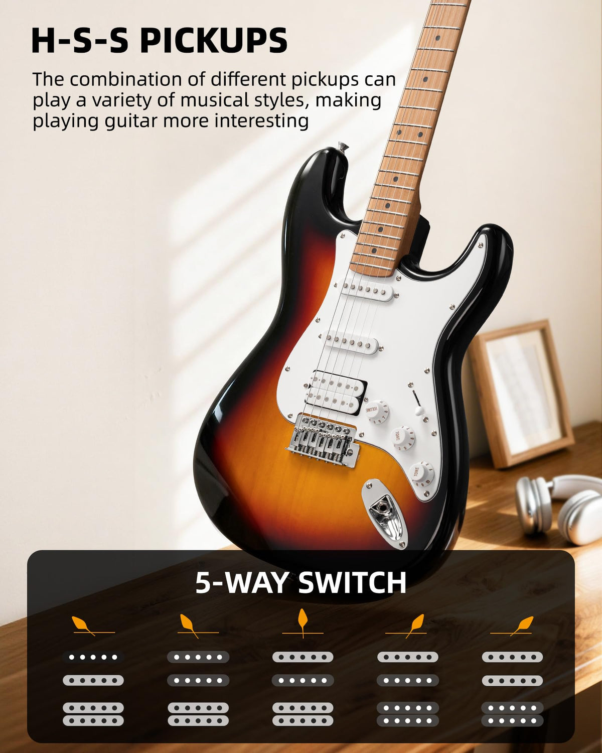 39 Inch HSS Electric Guitar Kit with 5W Mini Amp and Bag N289
