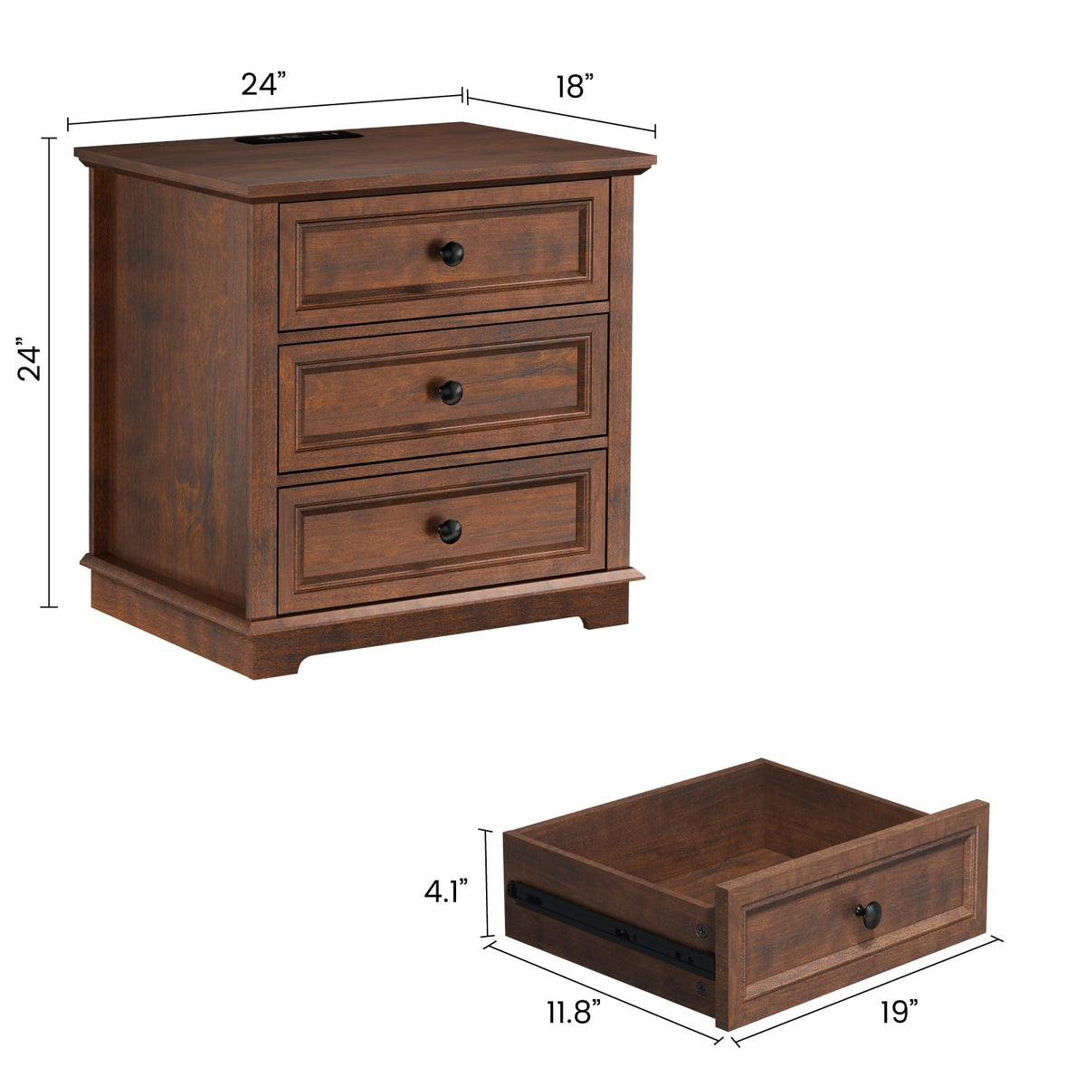 Cherry 3 Drawer Wood Nightstand with Charging Station Y665