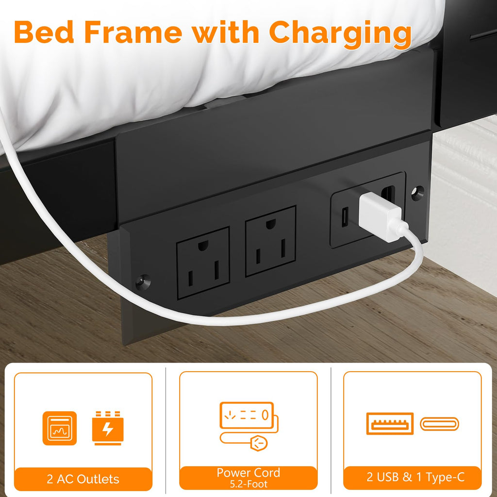 Twin Bed Frame Set of 2 with LED Headboard and USB Charging Station B76985