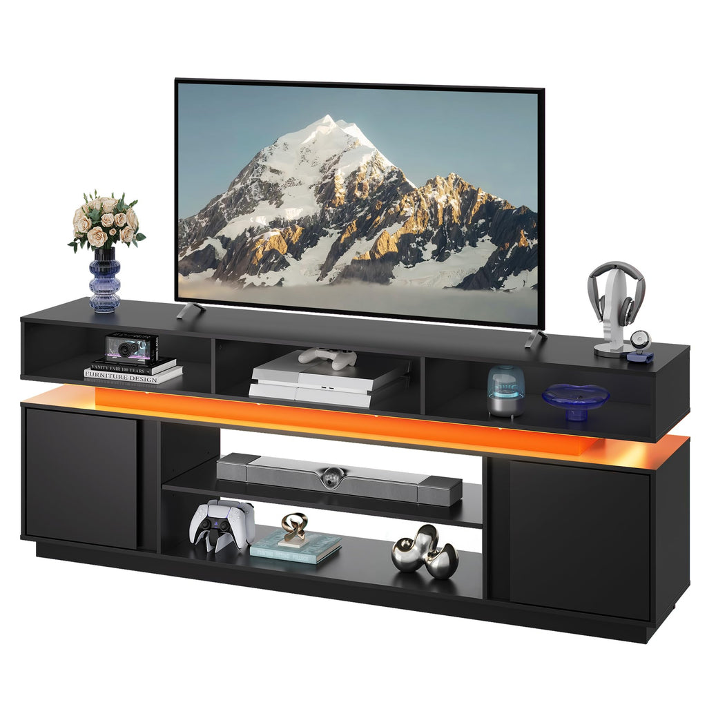 Black 2 Tier TV Stand with RGB LED Lights and Storage Cabinets V4253