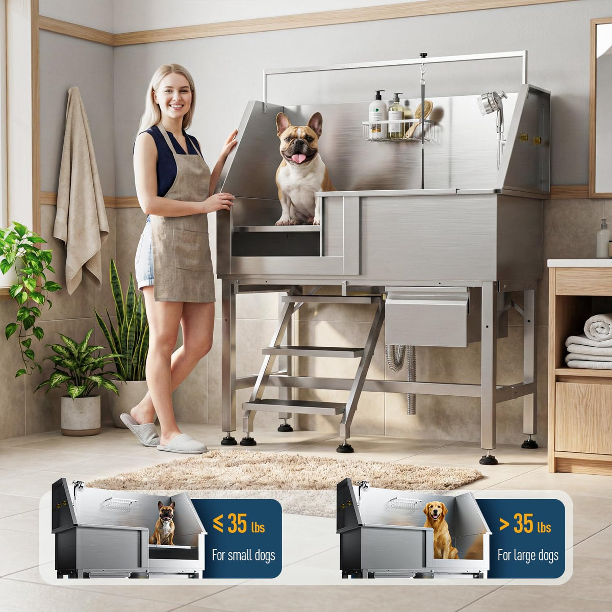 46" Stainless Steel Dog Washing Station with Removable Left Ramp & Storage Drawer G9452