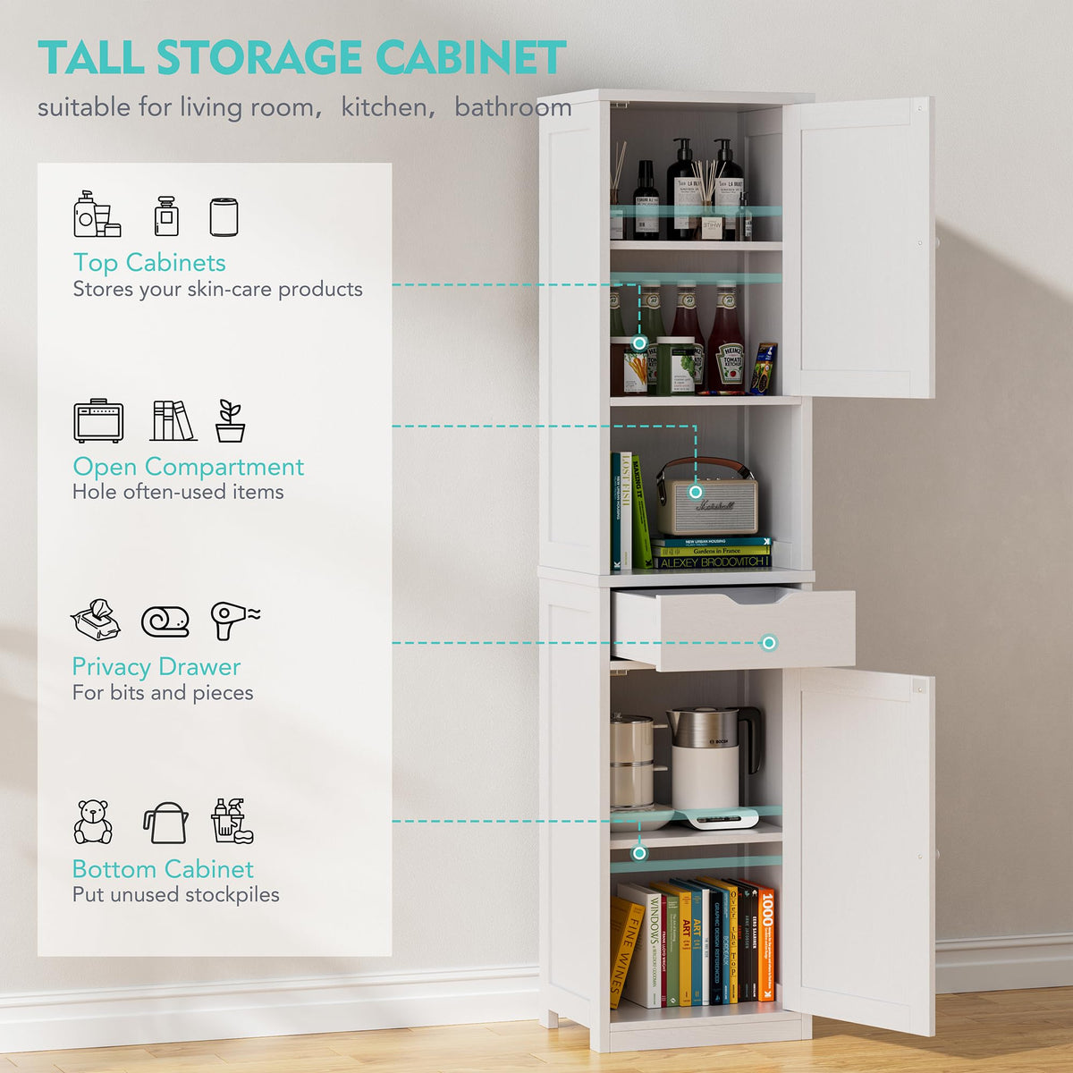 Tall Narrow Bathroom Storage Cabinet with Adjustable Shelves, White K572797