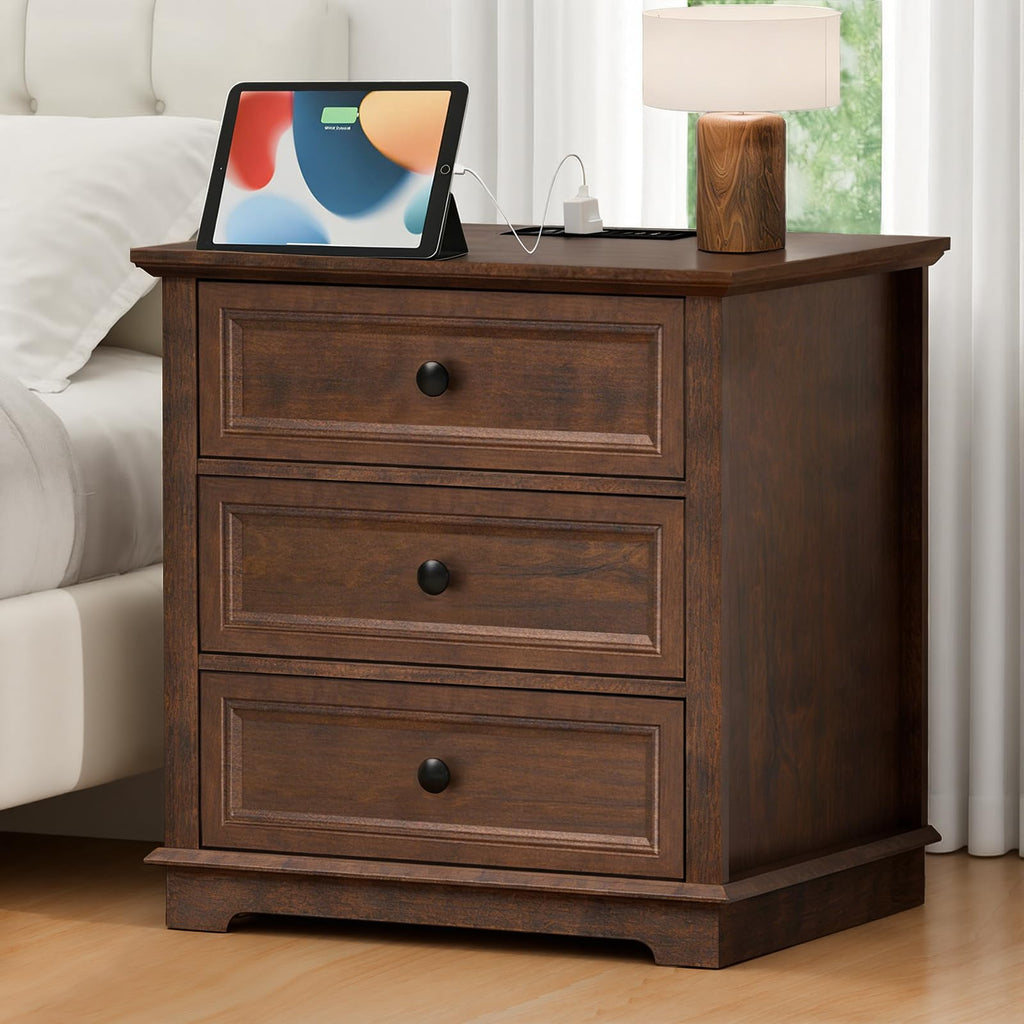 Cherry 3 Drawer Wood Nightstand with Charging Station Y665