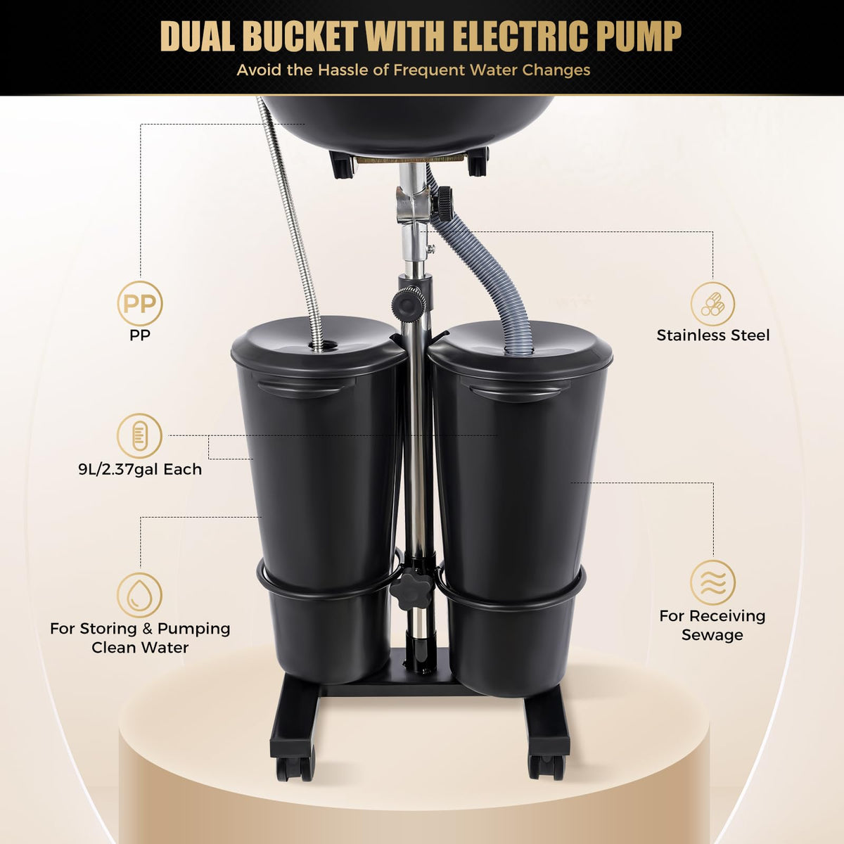 Portable Shampoo Bowl with Electric Pump, 2 Bucket Height Adjustable H504968