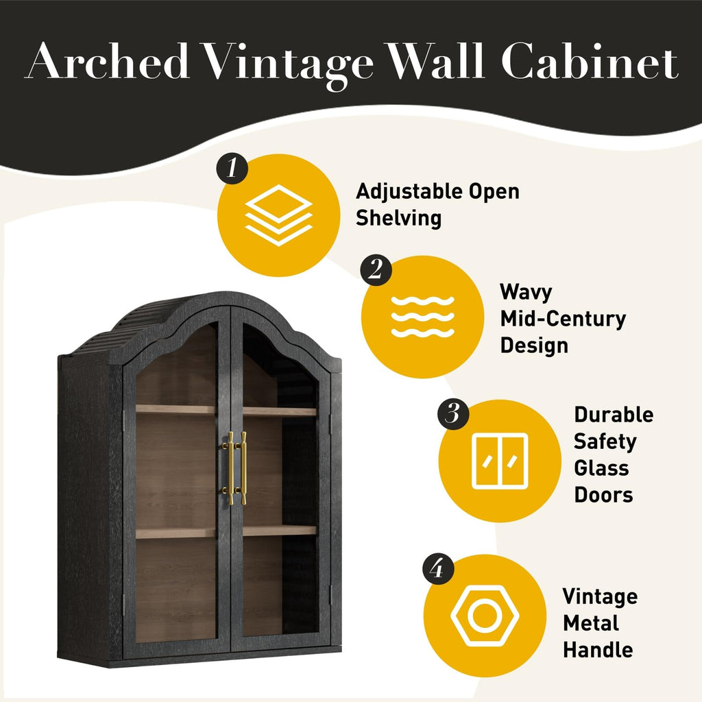 Black 31.5×23.6 Inch Wall Mounted Cabinet with Tempered Glass Doors V255158