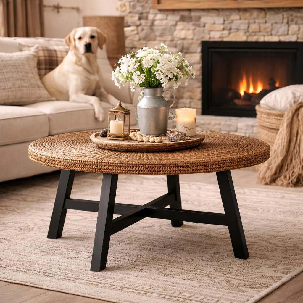 32 Inch Round Handwoven Seagrass Coffee Table with Pine Wood X Base D188949
