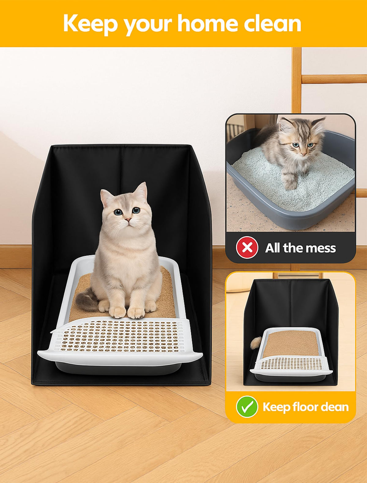 Black Waterproof Cat Litter Box Enclosure with Removable Mat A494