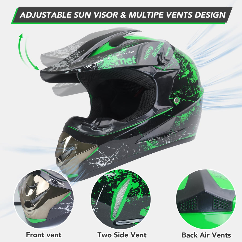 Youth Kids Full Face Dirt Bike Helmet 4Pcs Set DOT Approved Green XL B1739