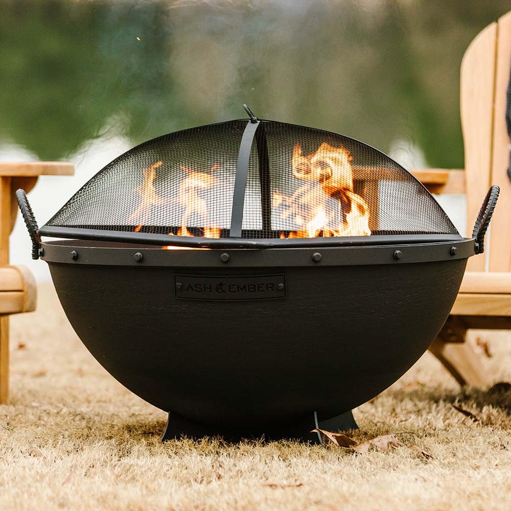 32in Cast Iron Wood Burning Fire Pit with Screen and Poker O2847