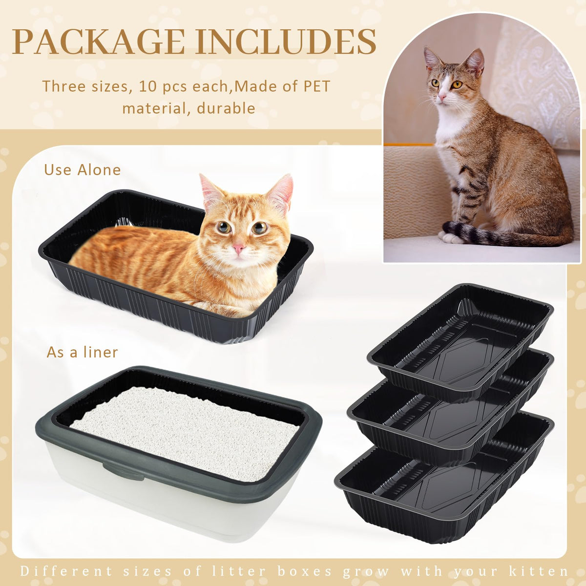 30 Pcs Disposable Plastic Cat Litter Trays 3 Sizes Black U46784